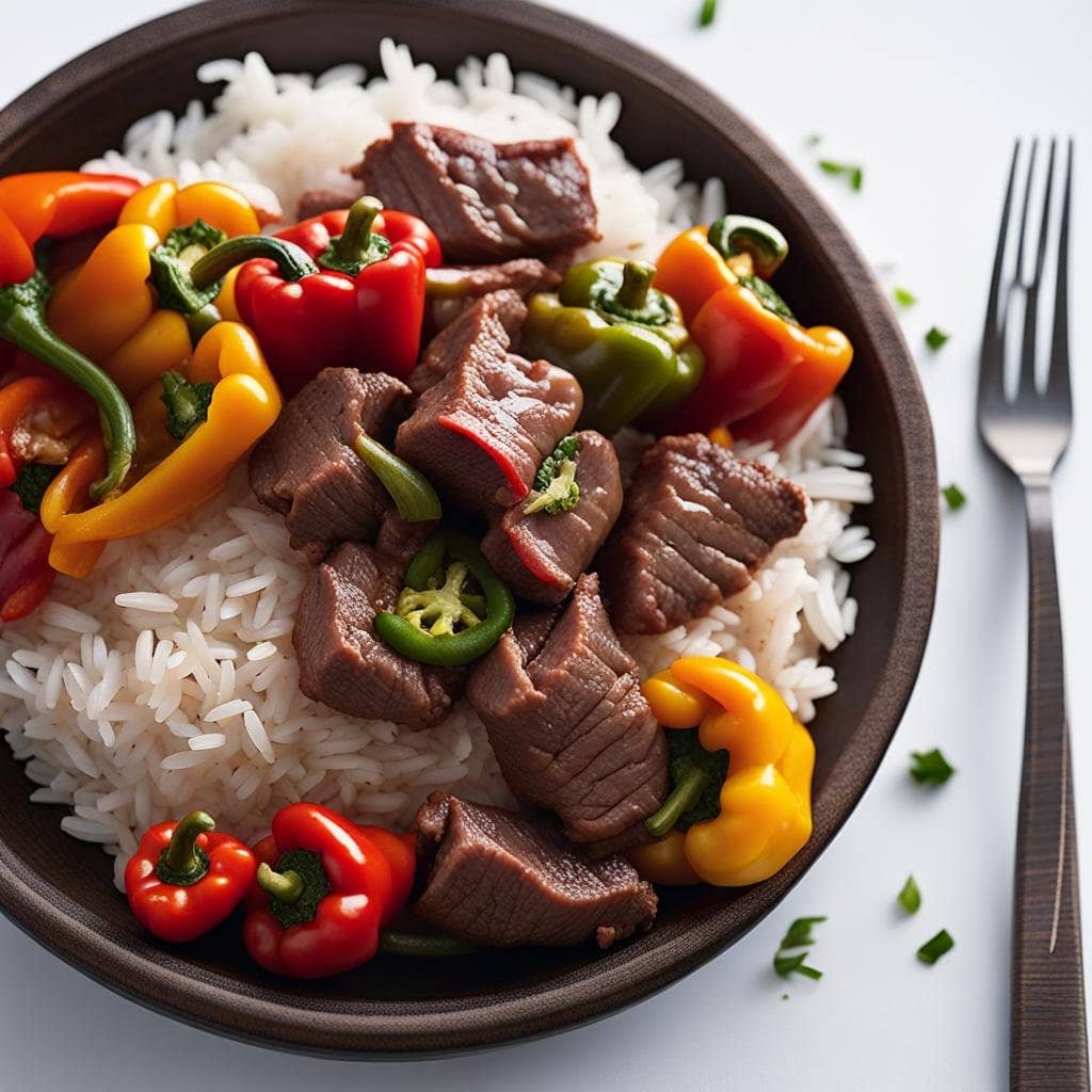 Sizzling Symphony: Beef and Peppers with Rice Delight