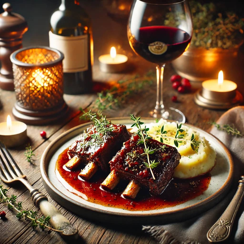 Braised beef short ribs in red wine sauce served with mashed potatoes and garnished with fresh herbs.