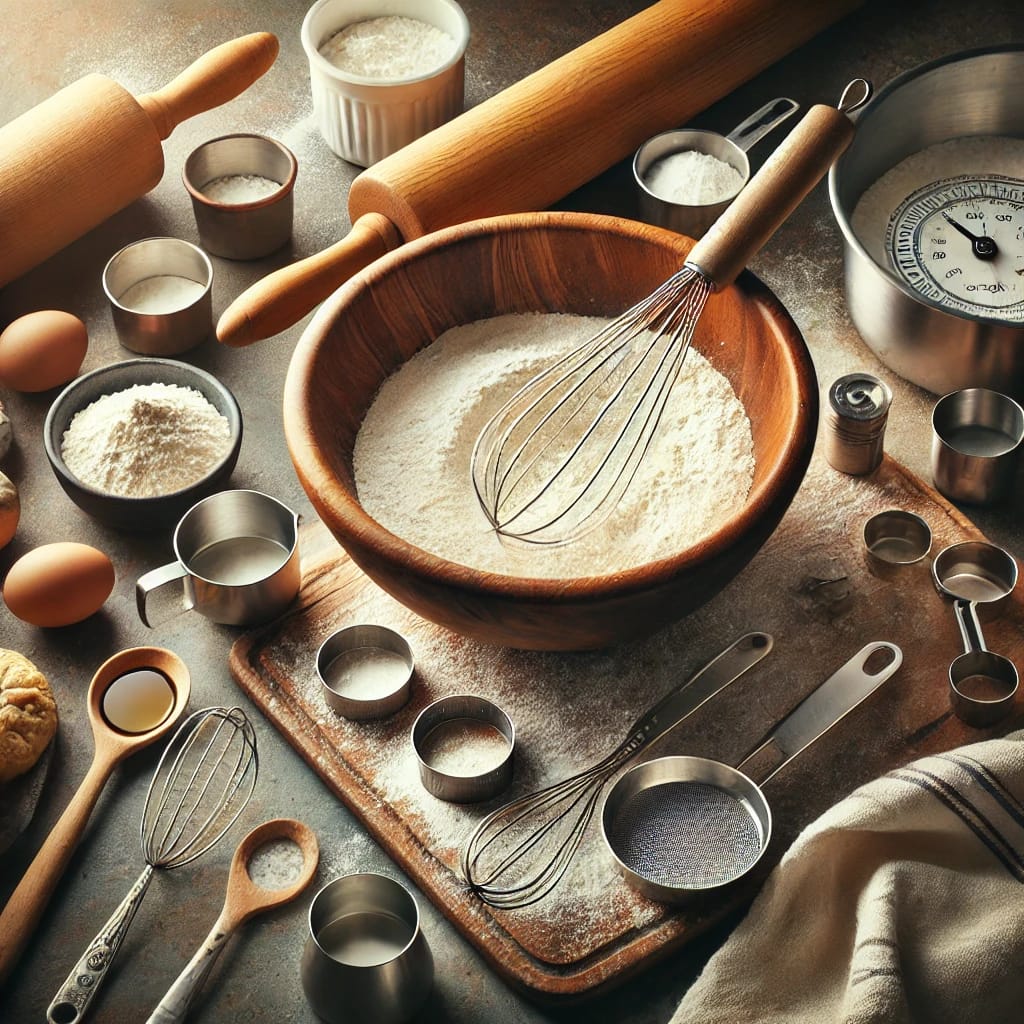 A visually appealing arrangement of essential baking and cooking tools placed on a rustic wooden kitchen counter. At the center, a large mixing bowl is surrounded by measuring cups and spoons, a wooden rolling pin, a non-stick skillet, a pastry cutter, and a neatly folded clean kitchen towel. The scene is softly lit with natural light, creating a warm and inviting atmosphere. A light dusting of flour and a handwritten recipe in the background add to the cozy, homemade vibe.