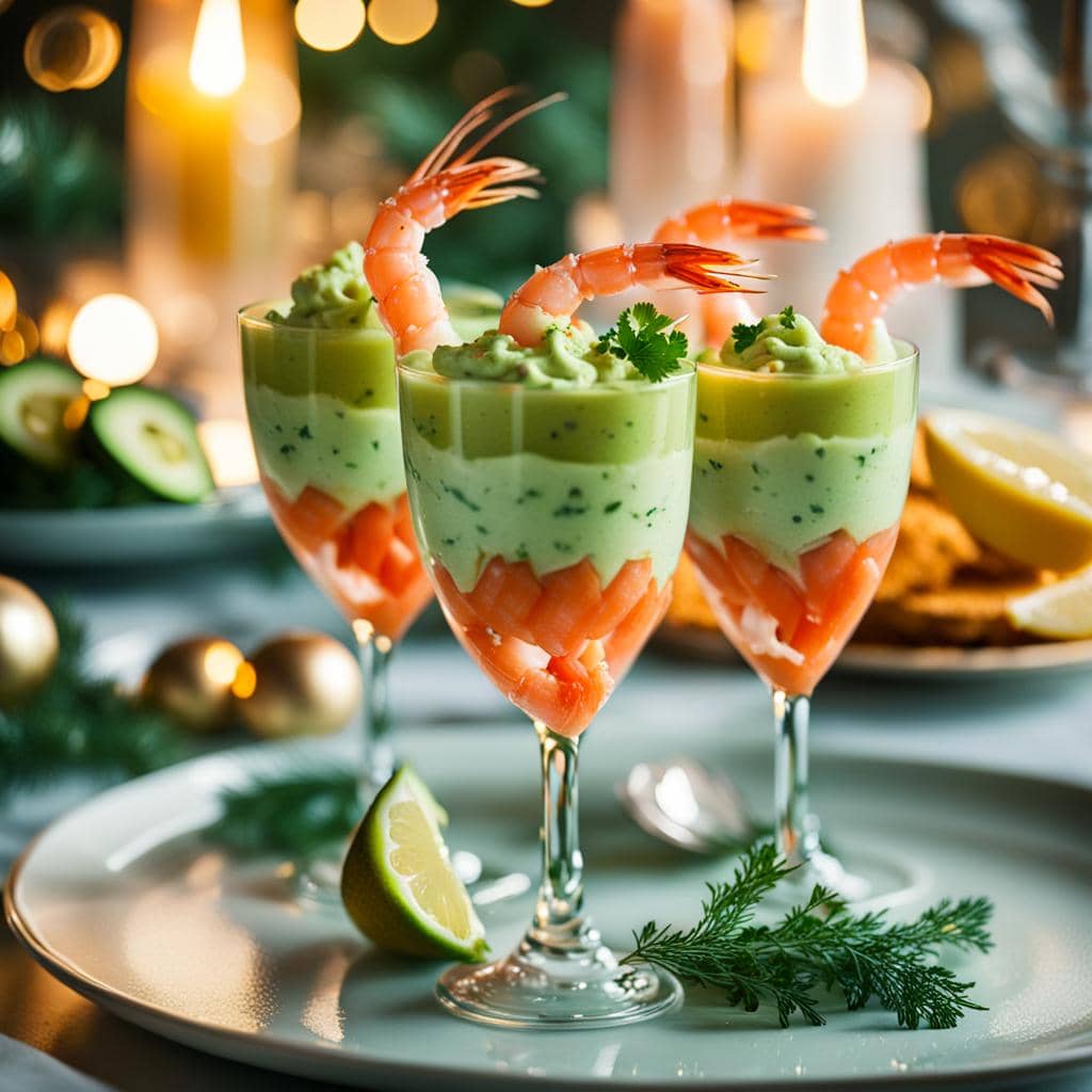 Prawn cocktail with avocado mousse served in a glass, garnished with lemon and herbs.