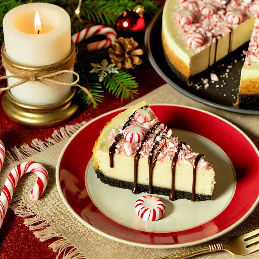 Peppermint bark cheesecake topped with crushed candy canes and chocolate drizzle