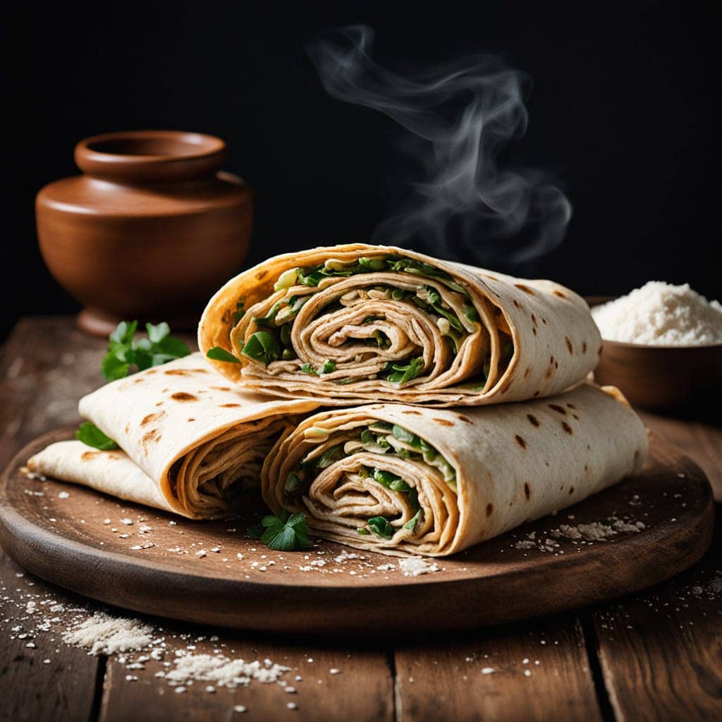 Freshly made soft tortilla wraps on a wooden board with flour and a rolling pin.