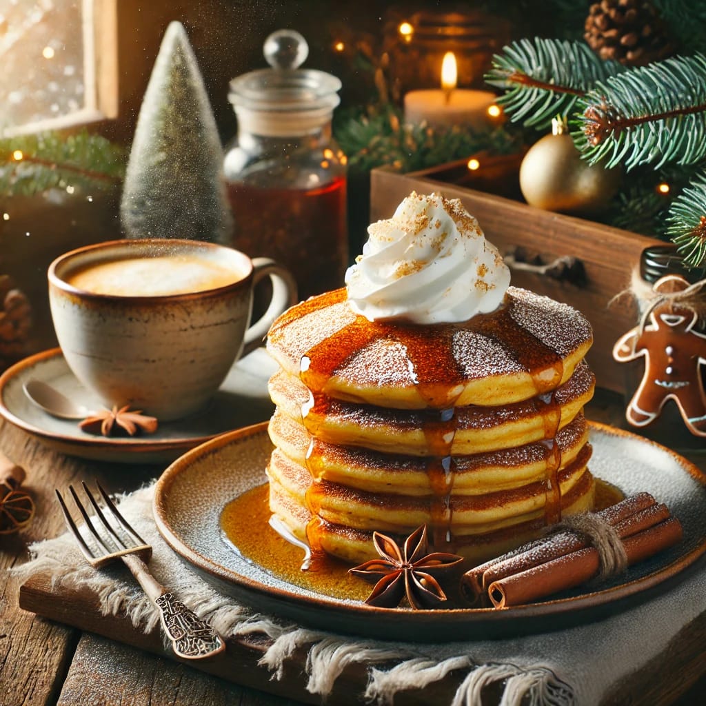 Stack of gingerbread pancakes drizzled with maple syrup and topped with whipped cream.