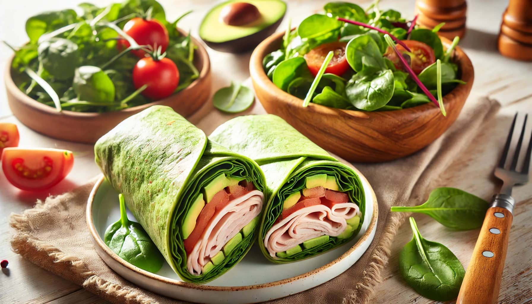 Turkey and avocado wrap with spinach, tomato, and a side of mixed greens on a white plate.