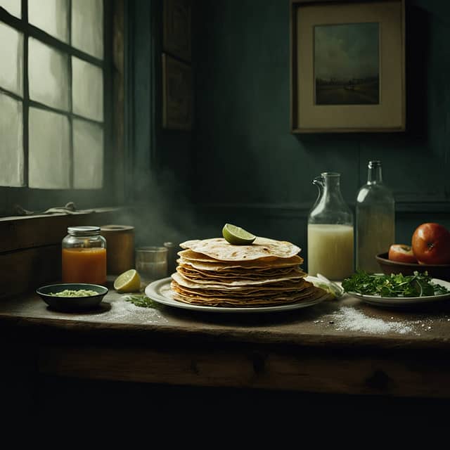 A stack of freshly made tortilla wraps on a wooden board, garnished with a sprig of cilantro and surrounded by flour and rolling pin. The tortillas look soft, golden, and perfectly round.