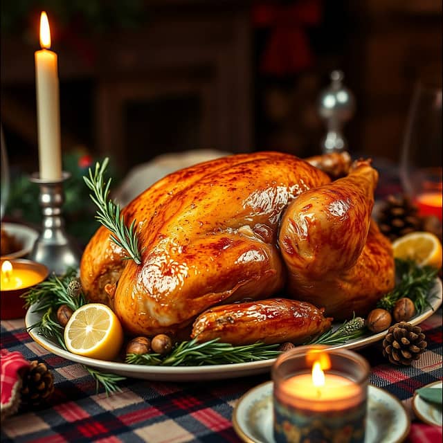 Roasted turkey with sage stuffing garnished with herbs and lemon wedges on a festive table.